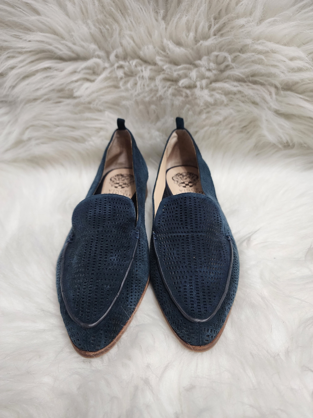 Vince Camuto VC-Kade Navy Blue Suede Laser Cut Perforated Loafers Flats 7M